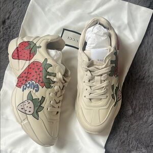 Gucci Beige Sneakers with Strawberry Motif